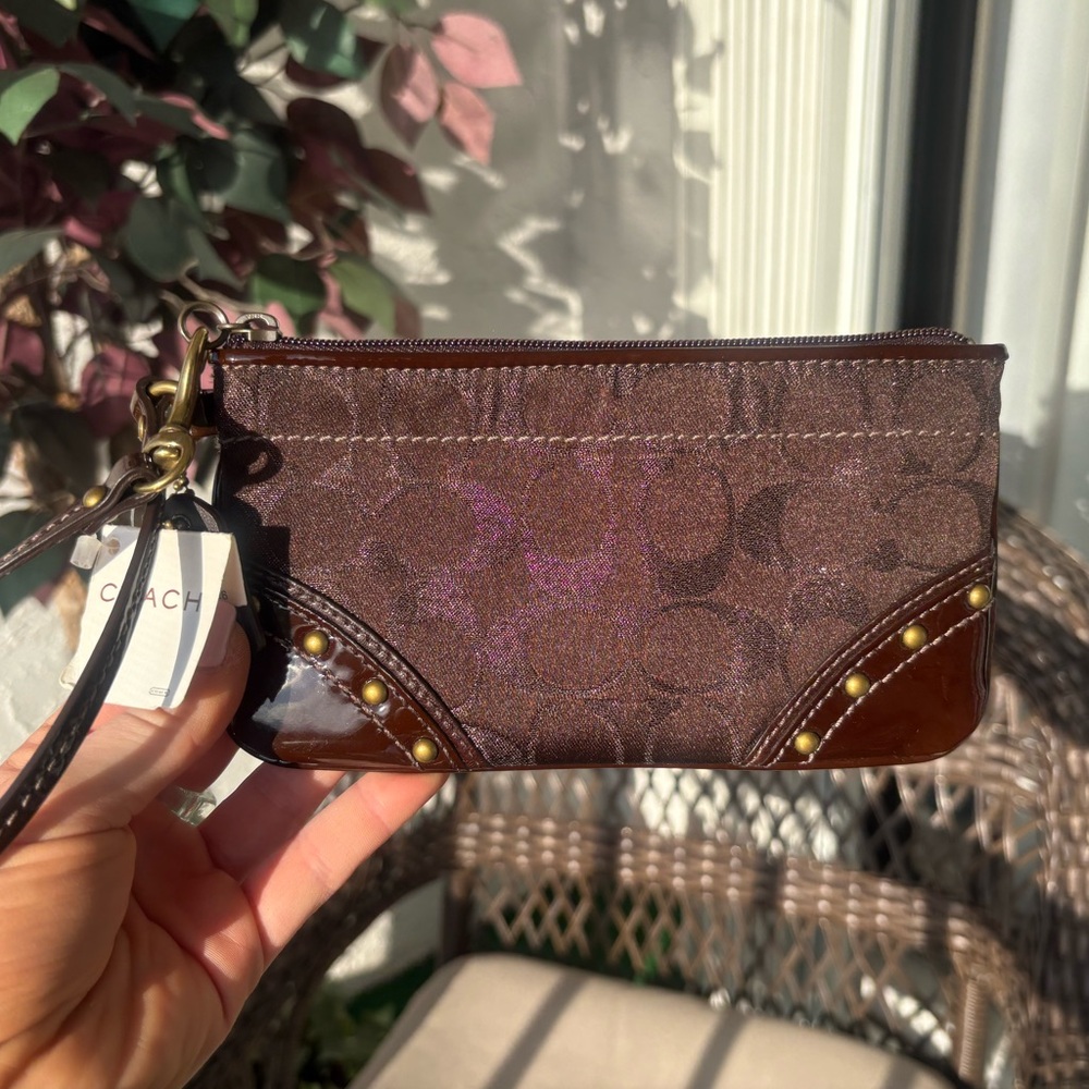 NWT Coach Dark Brown Shimmery Wristlet with Gold Studded Accents